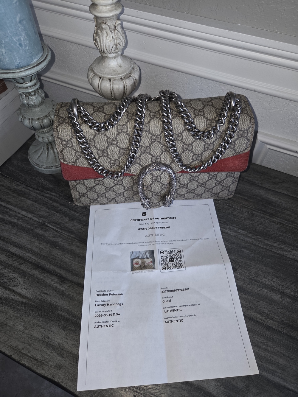 Gucci Beige GG Supreme Dionysus Med Shoulder Bag with Red Trim and Silver Chain